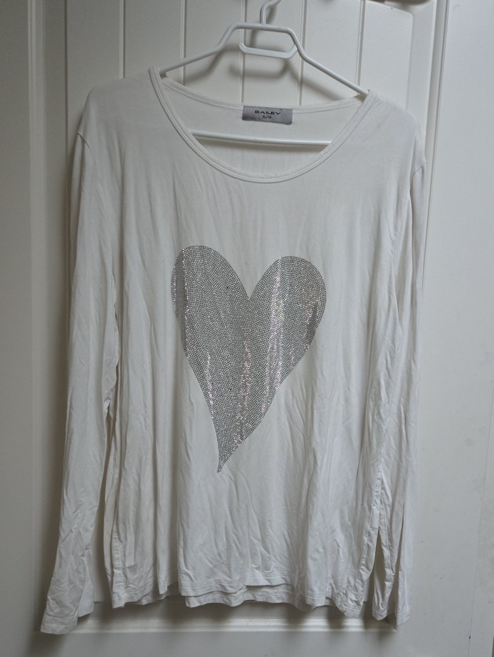 Bailey White Long-Sleeve Tee with Silver Sequin Heart XL TShirt